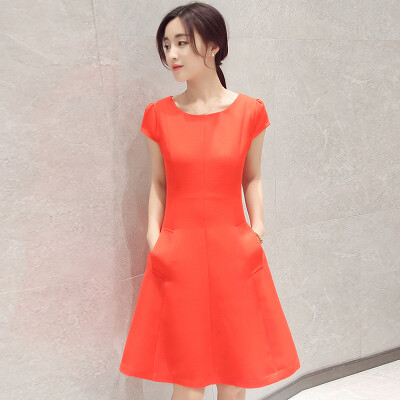 

Yutang morning 2017 summer short-sleeved dress female fashion short-sleeved round neck Slim was thin big draw Peng Peng skirt female S71R0516A30S red S