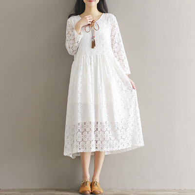 

CITYPLUS Mori art lace flower wild leisure long paragraph dress female CWQZ171151 white white
