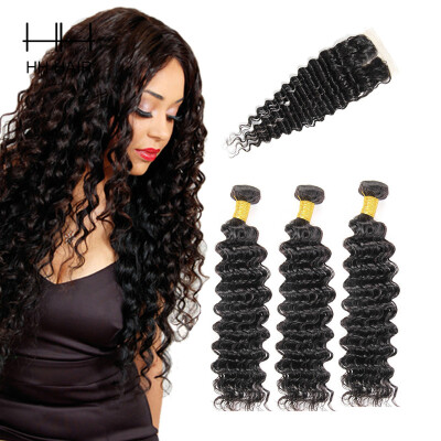 

HHHair Brazilian Virgin Hair With Closure Brazilian Deep Wave With Closure 3 Bundles Human Hair Weave Brazilian Deep Wave With 1pc