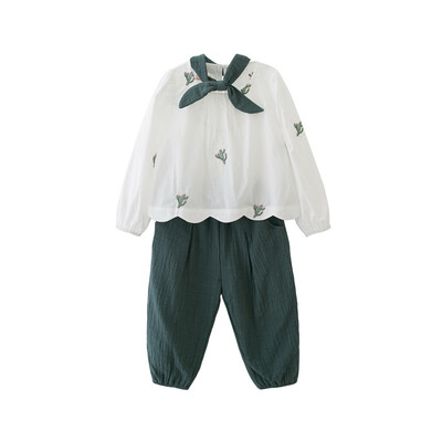 

Fragrance Flordeer French Kids Girl Cactus Shirt Pure Color Casual Pants Two-piece Set F71038 White 140