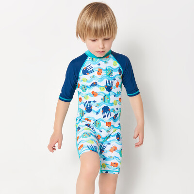 

Yi Zi (EZI) children's students Siamese swimwear boys baby sunscreen surfing clothes Ezi16083 blue small fish printing 130cm