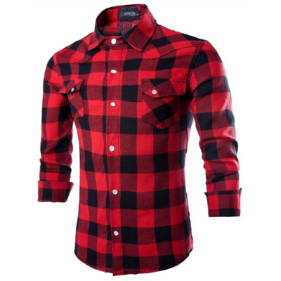 

geek men's shirt pure cotton grid casual gem buckle slim long sleeve