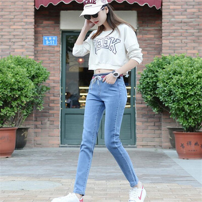 

VIVAHEART Korean casual high waist elastic waist jeans female elastic Slim pants VWKN171137 light blue 26