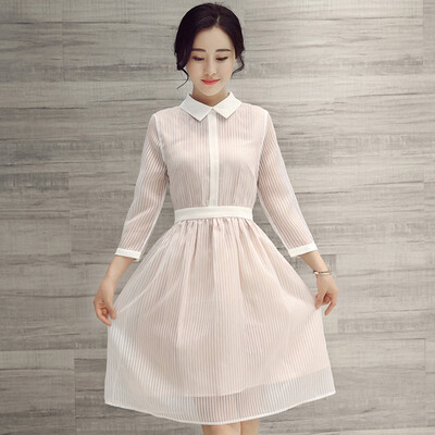 

Siberian woman 2017 spring new women&39s pure color lapel waist lady temperament white long-sleeved Peng Peng dress S71R0656A7XL white