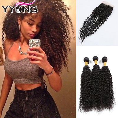 

YYONG Hair Indian Kinky Curly Virgin Hair With Closure 3 Bundles Curly Wave 100% Human Hair Weave With Lace Closure # 1B Color