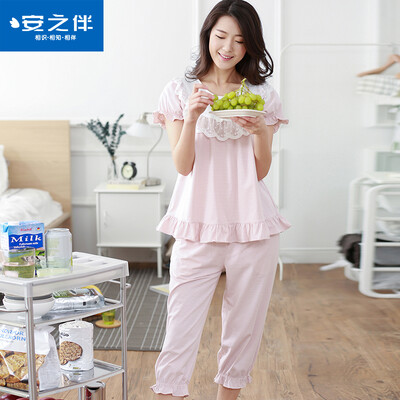 

Anshiban anzhiban pajamas 2017 лето корейский сладкий милый короткий рукав женский костюм полоса сыпучий лето домашний сервис 72K7281 свет bean sand M