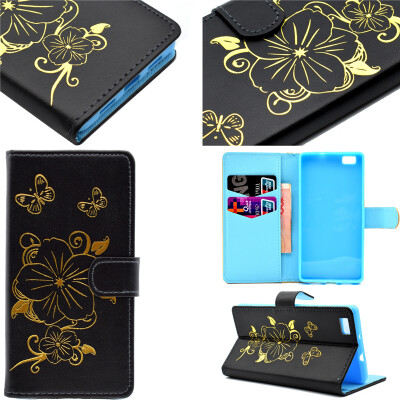 

Black Hot Stamping Foil Gold Design PU Leather Flip Cover Wallet Card Holder Case for Huawei P8 Lite