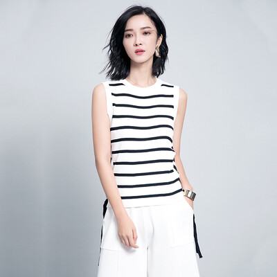 

Long Yue Women's Cross Strap Striped Sweater Art & Crafts Knit Vest LWYC174204 Black L
