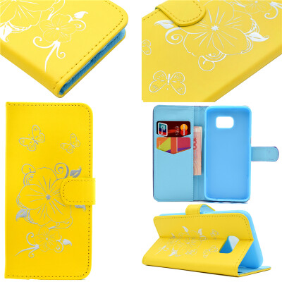 

Yellow Hot Stamping Foil Gold Design PU Leather Flip Cover Wallet Card Holder Case for Samsung GALAXY S6