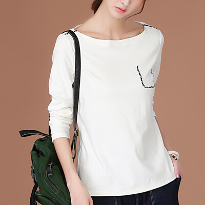 

CITYPLUS Arts Fan Sen Department of long-sleeved art embroidery word collar loose underwear T shirt female CWTC171158 white