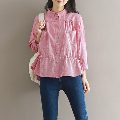 

CITYPLUS Sen female art Fan Xiaoqing new pleated waist wild checkered shirt CWCS172253 red