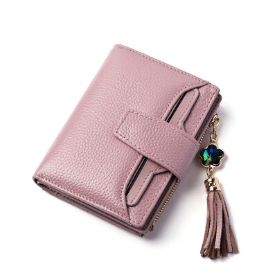 

DOODOO wallet female short section Korean version zipper three fold head layer cowhide female wallet multi-function coin wallet multi-card hand bag large capacity D6886 skin pink