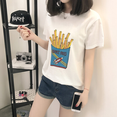

VIVAHEART Korean casual loose cotton fries T-shirt female fries pattern printing white short-sleeved VWTD174136 white