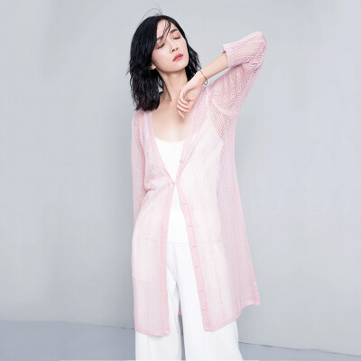 

Long Yue women's art hollow knit shirt breathable cardigan air conditioning shirt LWYC174207 bare powder M