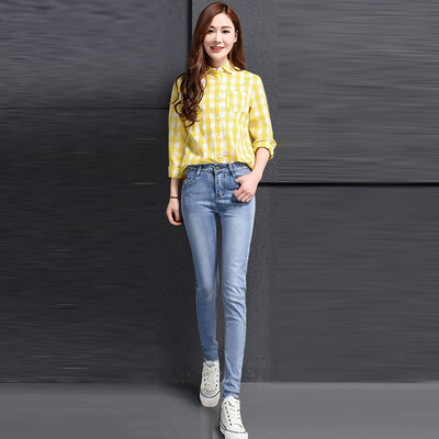 

VIVAHEART Korean casual embroidery foot pants Slim stretch pencil jeans female VWKN172243 light blue 28