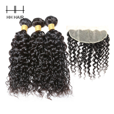 

HHHair Brazilian Water Wave With Lace Frontal Human Hair Weave with 13x4 Free Part Natural Black Hair Bundles With Frontal