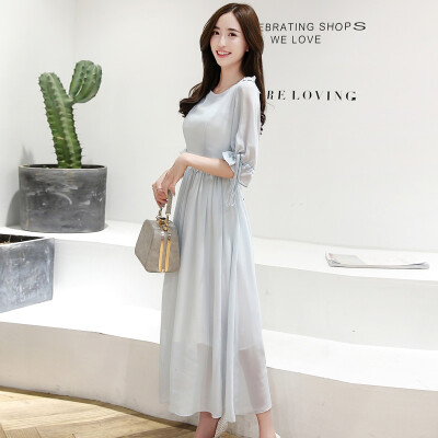 

Siberian woman 2017 summer round collar five sleeves chiffon long temperament dress S71R0156A1M light blue