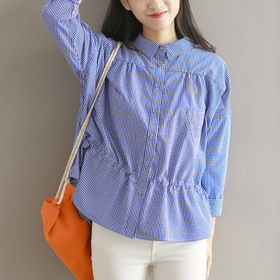 

CITYPLUS Sen female literature Fan Xiaoqing new pleated waist wide lattice backing shirt CWCS172253 blue S