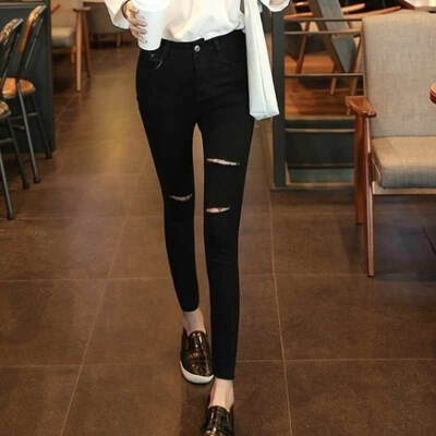 

Fubian cents FUBIXIAN Korean version of high waist fashion casual hole feet nine points jeans K4225 black 32