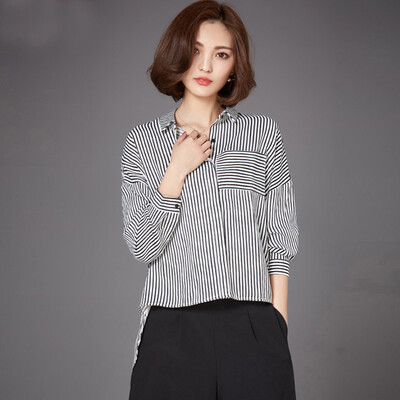 

Siberian ropes 2017 autumn women lapel black&white vertical stripes before short after long personality shirt S71R0084A361S black&white stripes S