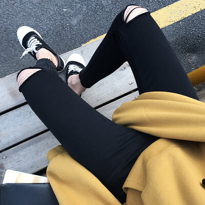 

sustory ladies 2017 spring Korean high waist knees hole jeans nine pants pants tight hair thin side pencil pants SU013 black 28
