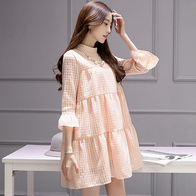 

Siberian ropes 2017 pink round neck seven sets of sleeves sleeves loose lovers sleeves waist lace shirt with necklace S71R0738A7L white