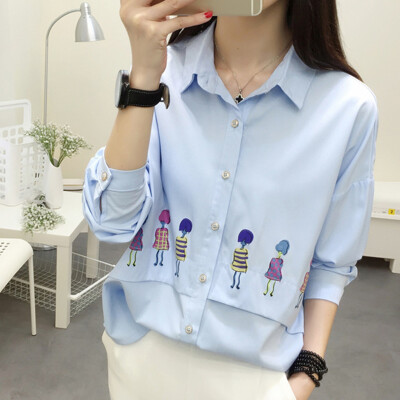 

Longyue women Korean version of the Slim spring long-sleeved shirt wild fashion in the long section of small fresh shirt LWCC171119 blue