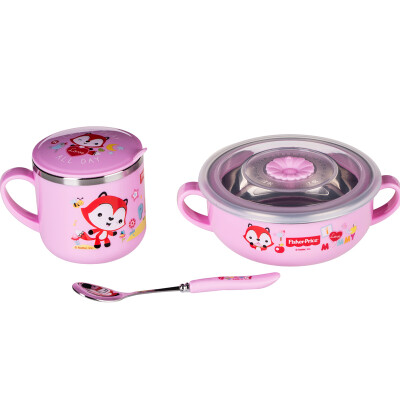 

Fisher Price Childrens Food & Beverage Set Sealed and Insulated Stainless Steel Drinking Cups + Binaural Bowls + PP Spoon FP-8018A Pink