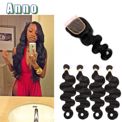 

4 Pc Lot Brazillian Body Wave With Closure Top 6a Grade Brazilian Virgin Hair With Lace Closure ANNO Hair Bundles And Closure