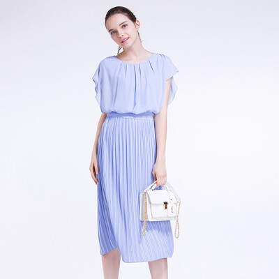 

TMi Mystery Women's Summer Flying Feather Sleeve Long Chiffon Round Neck Dress 162080 Blue XL