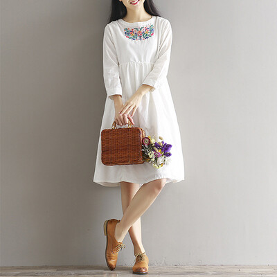 

CITYPLUS Sen small fresh retro embroidery loose cotton&linen dress CWQZ172259 white L