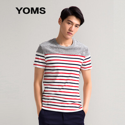 

(YOMS) short-sleeved T-shirt men's fine cotton business casual round neck stripes short-sleeved underwear men 61244773 red and white Tibetan green strip + gray fight XXL