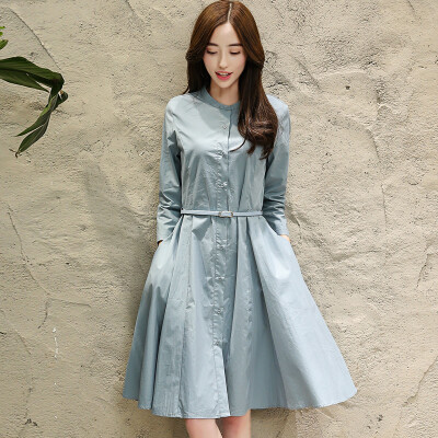 

Yutang morning 2017 fashion Slim A word skirt solid color Korean version of the long paragraph long sleeves dress autumn S71R0062 blue