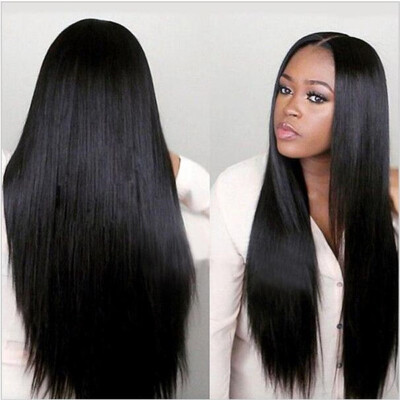 

Long Black Synthetic Lace Front Wigs Silky Straight Glueless Heat Resistant Fiber 180% Density Fully Hair For African American