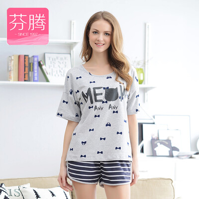 

Fen Teng FENTENG Underwear Pajamas Summer 2017 New Cute Letter Print Short Sleeve Shorts Home Set Clothing Female X9626639 Gray L