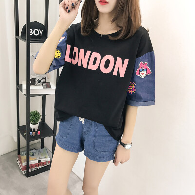 

VIVAHEART fashion embroidery cowboy stitching short-sleeved T-shirt female loose half-sleeved coat tide VWTD174234 black