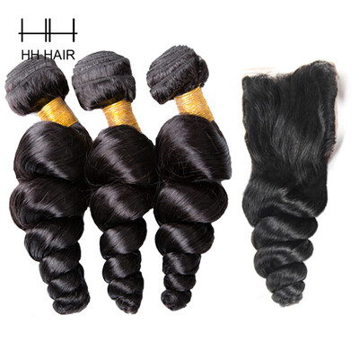 

HHHair Brazilian Loose Wave With Closure Loose Wave 3 Bundles With 4x4 inch Lace Closure