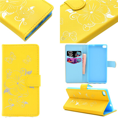 

Yellow Hot Stamping Foil Gold Design PU Leather Flip Cover Wallet Card Holder Case for Huawei Ascend P8