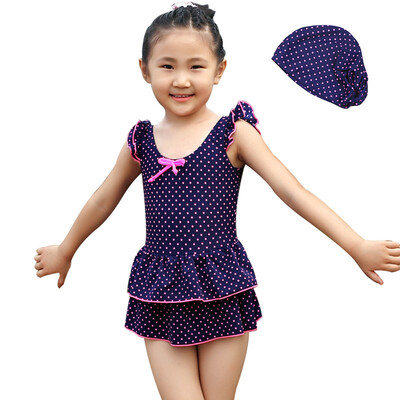 

Yi Zi EZI children&39s conjoined skirt swimsuit sweet bright color point swimming cap Ezi10098 navy blue 90cm