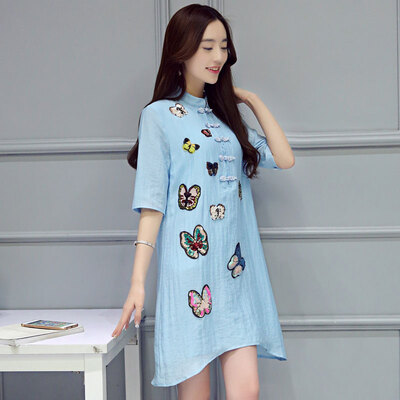 

A pond morning 2017 autumn Slim simple in the sleeve round neck large size yarn net thin section dress female long section S61C0001 water blue