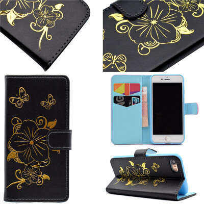 

Black Hot Stamping Foil Gold Design PU Leather Flip Cover Wallet Card Holder Case for iPhone 7