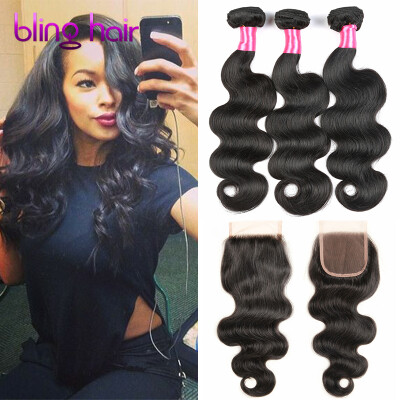 

Bling Hair Peruvian Virgin Hair Body Wave 3 Bundles with Closure Free/Middle/Three 7A Grade 100% Unprocessed Human Hair Weave