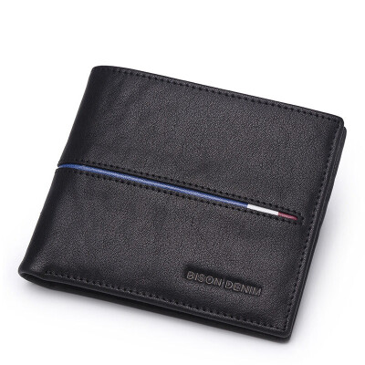 

American bison men's wallet short section Korean version of the young vegetable tanned leather wallet multi-card wallet N4437-3B black cross section