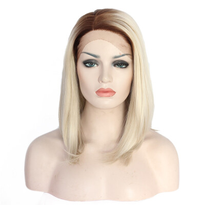 

Anogol 2 Tones Brown Ombre Blonde Bob Glueless Short Straight Hair Wigs For Women Peruca Laco Sintetico Synthetic Lace Front Wig