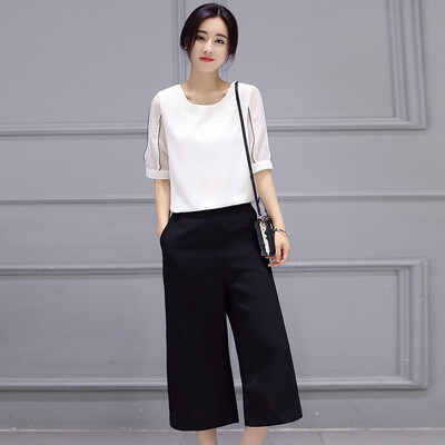 

A pond morning 2017 fashion suit female large code loose five points sleeves round neck short jacket shirt waist was thin straight pants pants OL commuter equipment S72R0255A657M on the white under the black