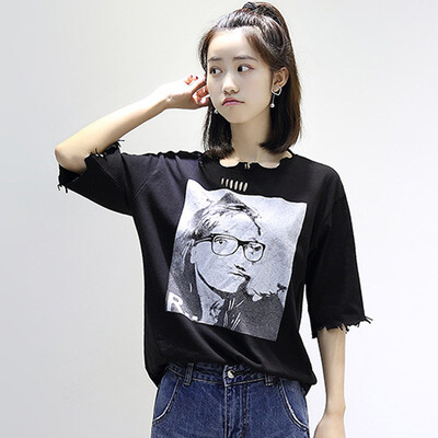 

City plus CITYPLUS literary Fan loose thin pattern printing hole round neck long section T-shirt female CWTD174477 black L