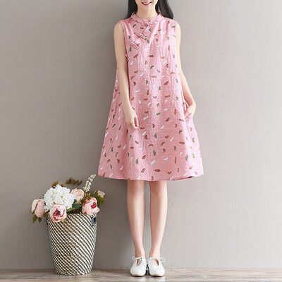 

City plus CITYPLUS art small fresh double double cotton&cotton sleeveless cheongsam dress CWQZ174465 lotus color