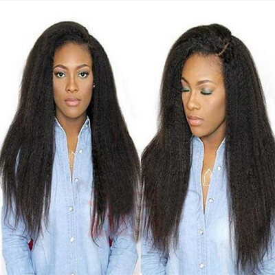 

Glueless kinky straight lace front wig brazilian coarse yaki lace front human hair wigs for black women
