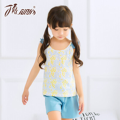 

【Jingdong supermarket】 top melon melon (dingguagua) children's pajamas girls summer cotton round neck vest shorts home service suit 86039 blue 140