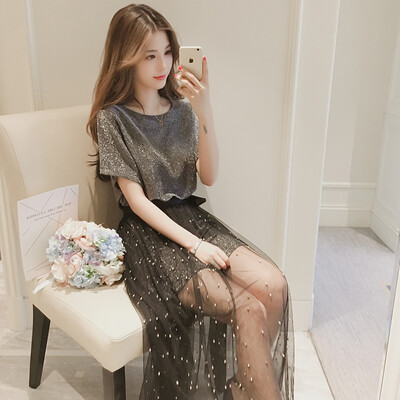 

sustory women&39s 2017 summer section round neck net yarn dress skirt Korean short-sleeved t-shirt half skirt casual two-piece long female dress SU161 silver gray M